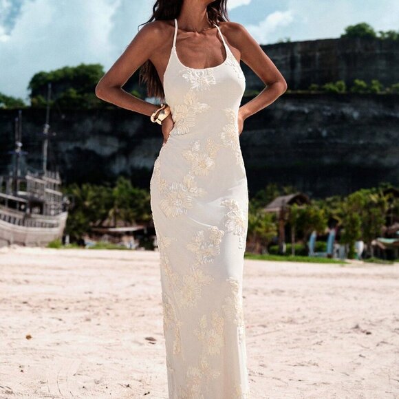 Apricot Elegant Women's Backless Floral Jacquard Halter Maxi Dress - Picture 6 of 7